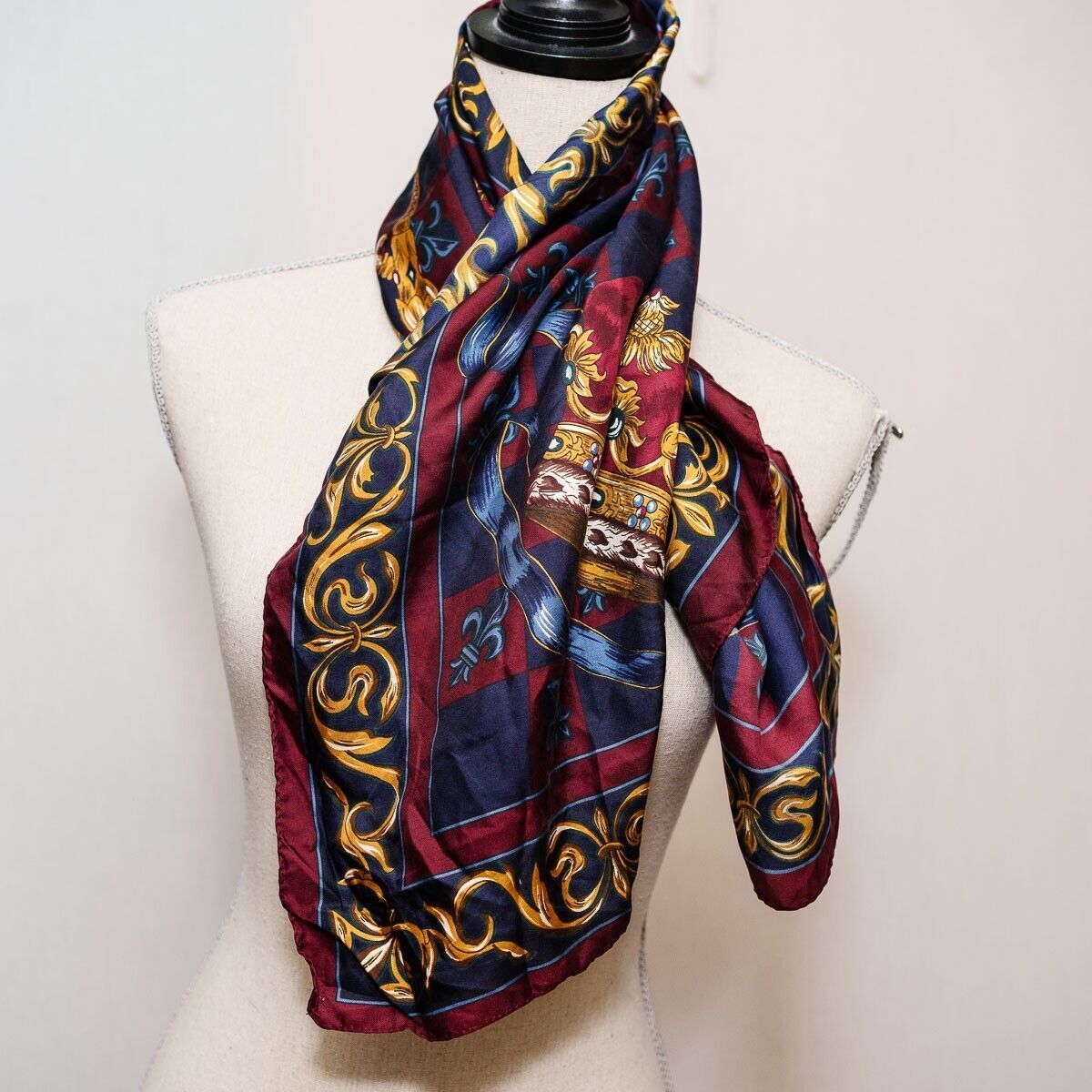 Vintage Silk Barouque Crown Staff Checkers Regal Scarf 34x35